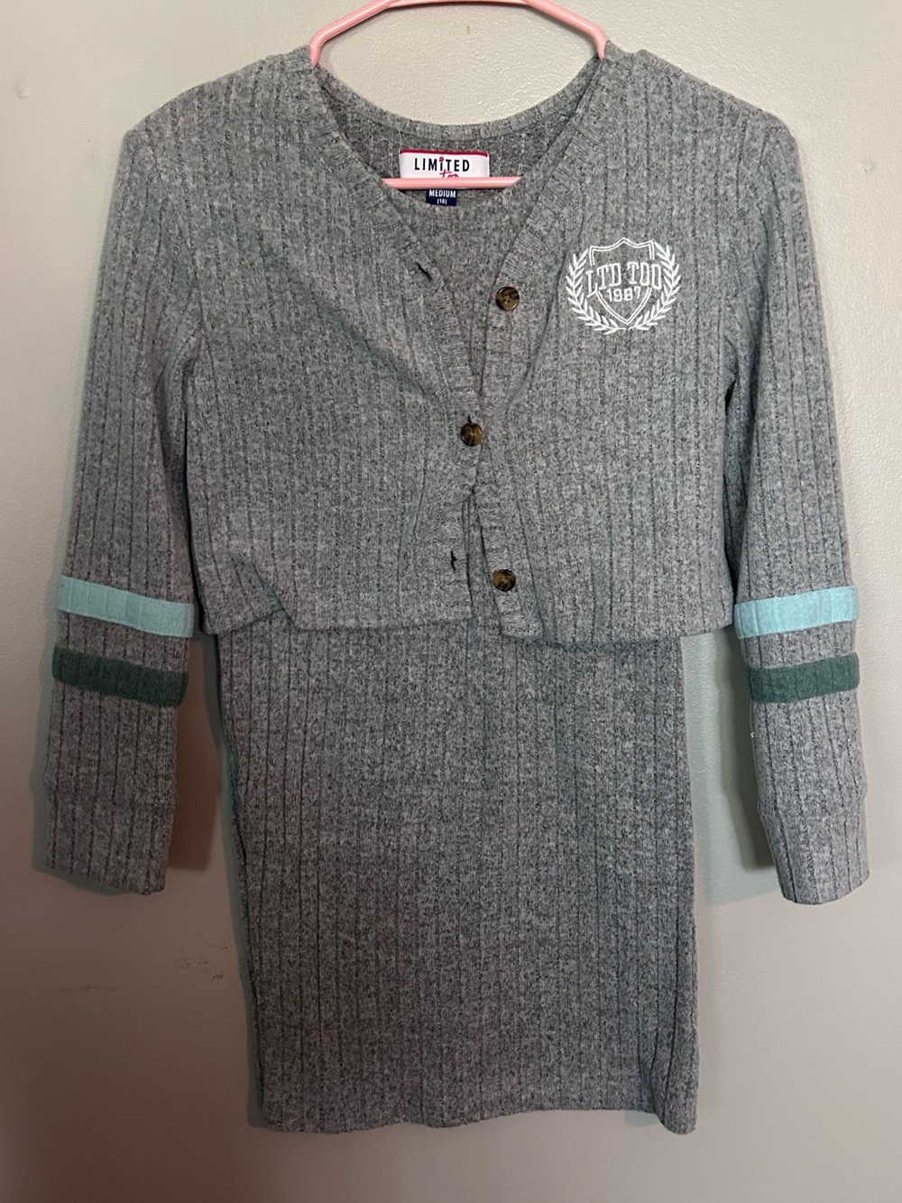 5 for $20! Limited too Ribbed Knit Kids Dress in Gray with Mint Stripes
